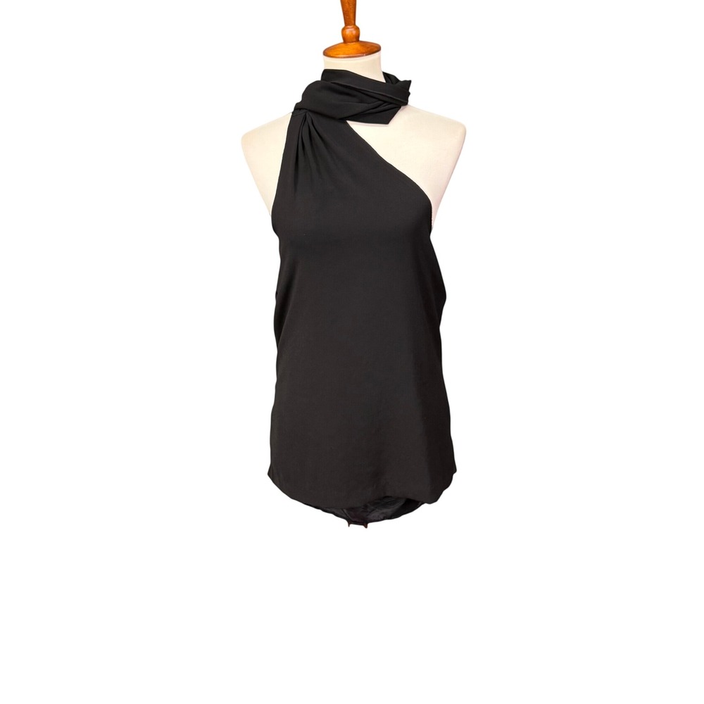 Halston Heritage Top Womens Small Black One Shoulder Draped Scarf Blouse NWT